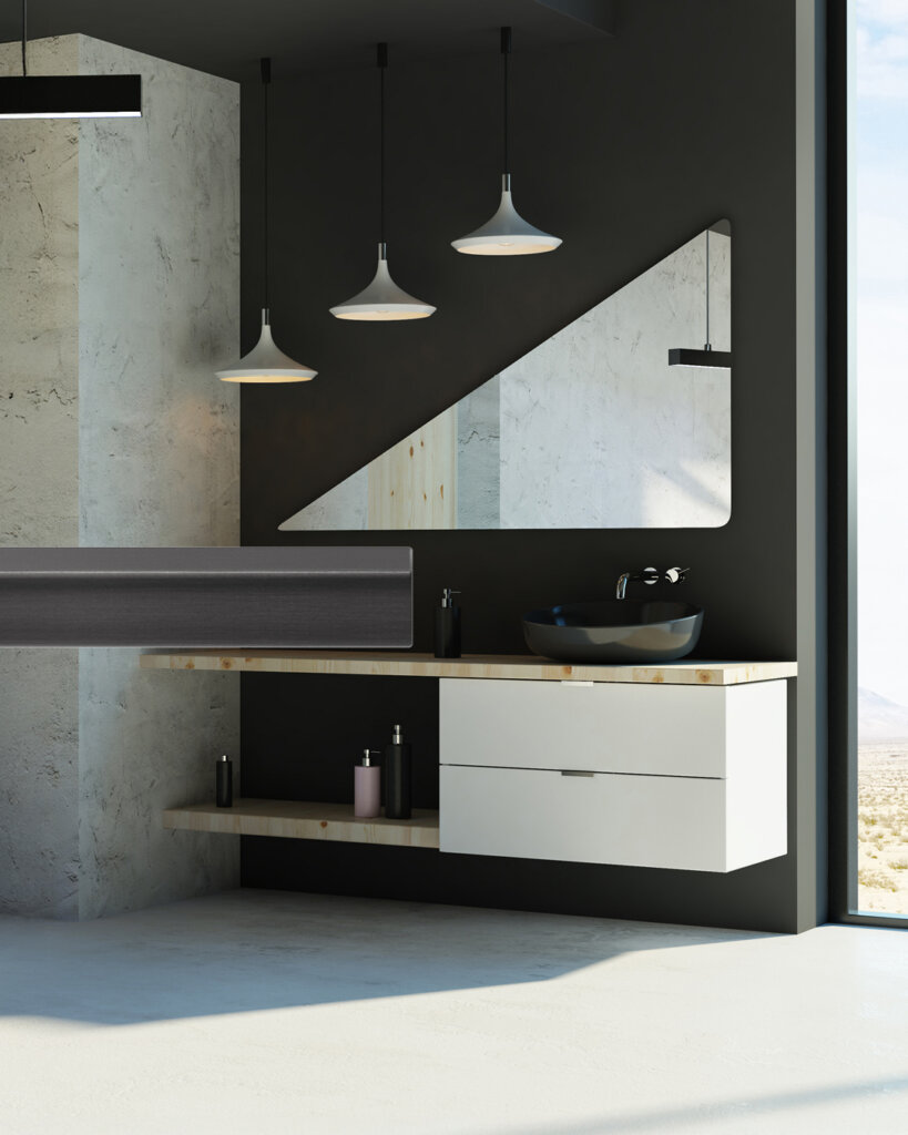 KD Basic by Kärcher Design — Push for Privacy lever handle installed in luxury bathroom, Cosmos Black finish, Malaysia