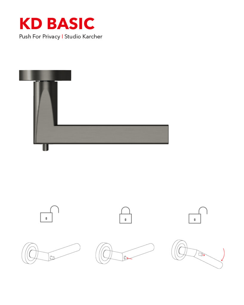 KD Basic Privacy-Pin mechanism diagram — three lock states, Kärcher Design door handle Malaysia